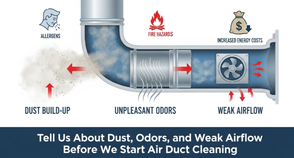 Tell Us About Dust, Odors, and Weak Airflow Before We Start Air Duct Cleaning