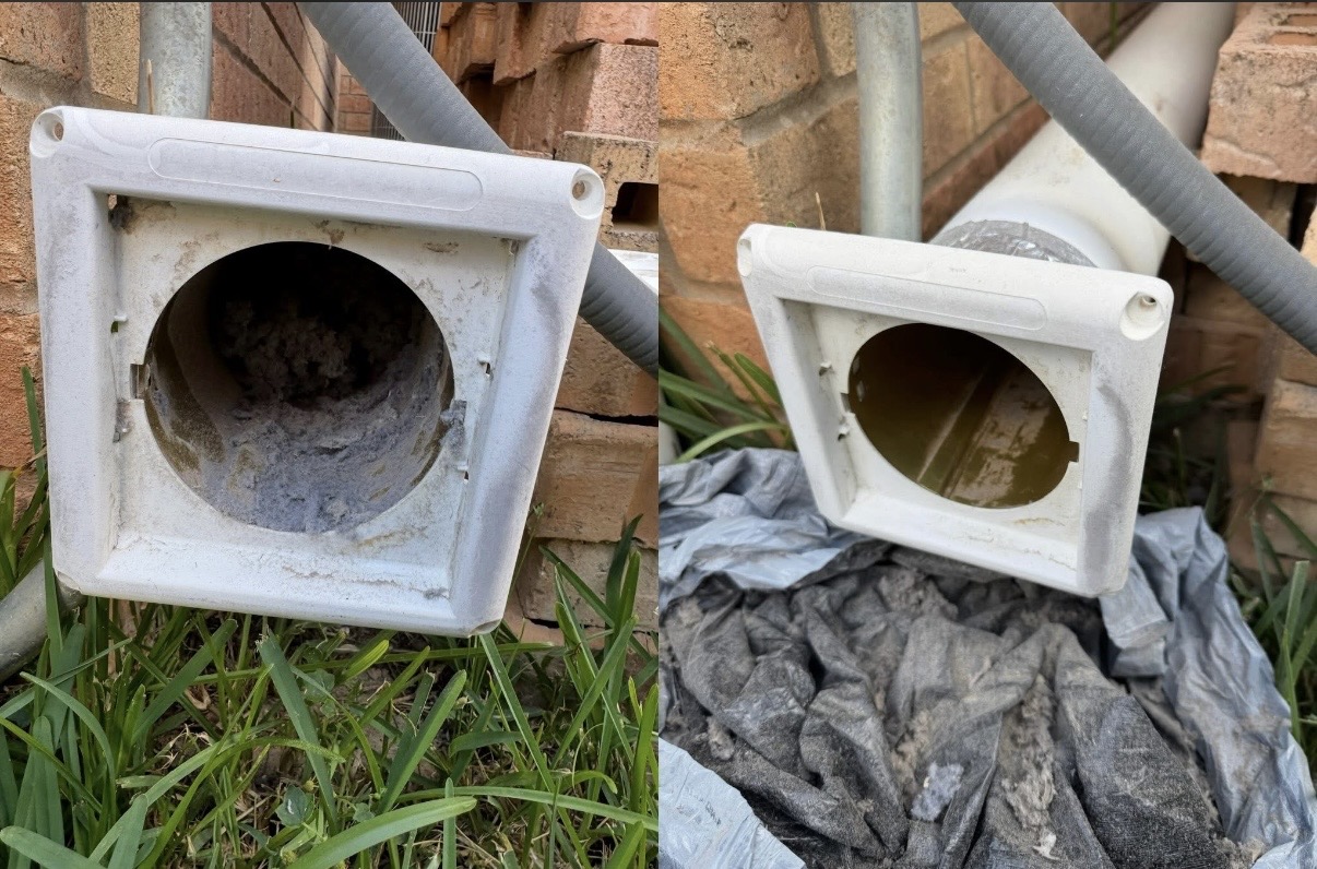 Dryer vent cover before and after cleaning, with lint removed